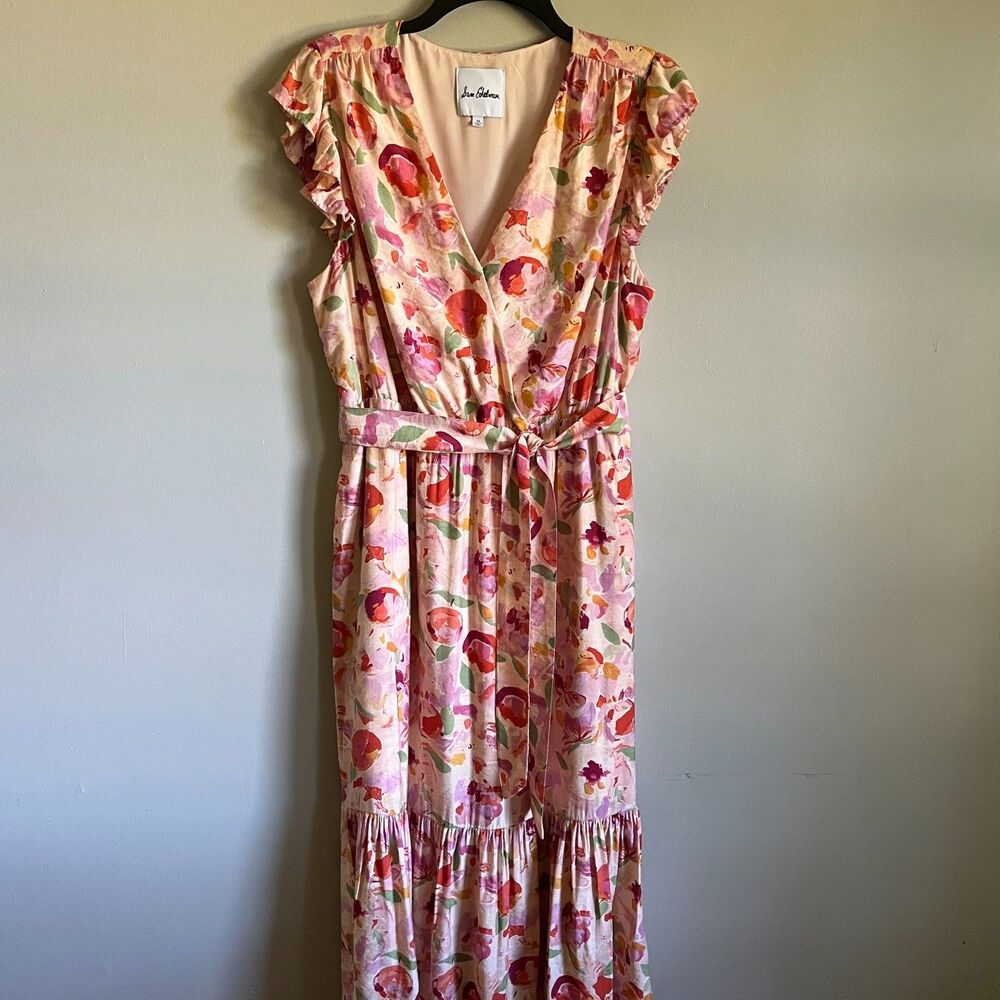 Sam Edelman Peach Print Cap Sleeve Maxi Dress Size 14 Floral Tiered Waist Tie